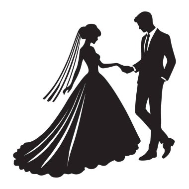 Bu güzel siluet çizimi zarif bir gelin ve damat içeriyor. Düğün davetiyeleri, dekorasyonlar ya da romantik tasarım projeleri için mükemmel. Aşkın ve bağlılığın klasik sembolü..