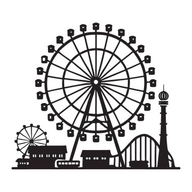Bir lunaparkın siyah silueti. Eğlence, klasik ve retro temaları içeren yaratıcı projeler için mükemmel. Neşeyi ve heyecanı yakalar..
