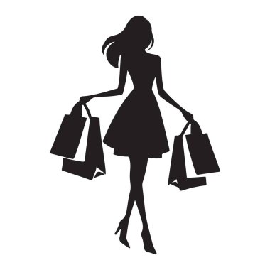 Alışveriş torbaları taşıyan bir kadının şık siyah silüeti. Perakende tasarımlar, moda blogları veya alışverişi ve tüketimi resmetmek için mükemmel bir şekilde uygun.