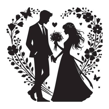 Kalp şeklinde çiçek desenli bir düğün çifti içeren romantik bir siluet çizimi. Bu vektör grafiği düğün davetiyeleri ve ilgili projeler için mükemmeldir.