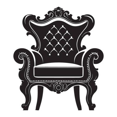 Lüks ve güç saçan süslü bir taht sandalyesinin ayrıntılı silüeti. Bu vektör grafiği projelerinize biraz klasik telif hakkı katmak için ideal..