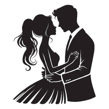 Romantik bir çiftin kucaklaşmasının zarif bir silüeti. Düğün davetiyeleri, aşk temalı tasarımlar ya da Sevgililer Günü projeleri için ideal. Bu vektör grafiğiyle derin duyguları ifade et.