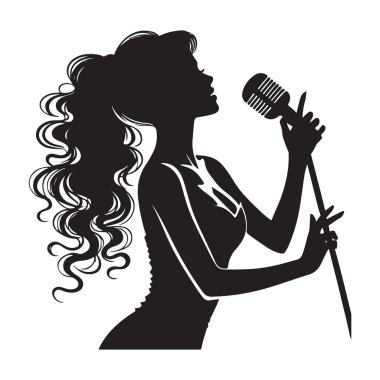 Klasik bir mikrofonla şarkı söyleyen kadın şarkıcının tutkulu silueti. Müzik etkinliği posterleri, caz kulübü tanıtımları ve sanatsal tasarımlar için mükemmel..