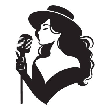 Silüet giymiş, şapka takan ve klasik bir mikrofona şarkı söyleyen bir kadının şık bir tasviri. Caz, müzik veya retro temaları için mükemmel.