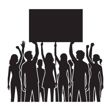 Çeşitli insanları neşeyle el kaldıran ve boş bir işaret tutan, birlik ve protestoyu sembolize eden bir siluet çizimi. Toplum bilinci ya da paylaşılan bir mesajı iletmek için mükemmel.