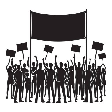 Pankartlar ve büyük bir afişle protesto eden kalabalığın vektör silueti. Sosyal hareketleri, eylemciliği ve siyasi gösterileri resmetmek için ideal.