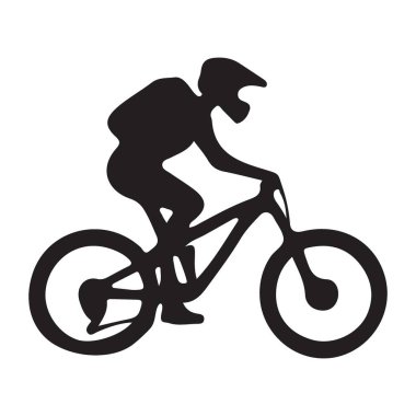 Tepeye doğru giden kask takan bir dağ bisikletçisinin silüeti. Spor içeriği, açık hava maceraları ve bisiklet meraklıları için uygundur..