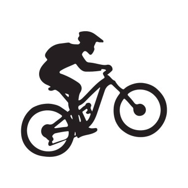 Tekerlek çalan bir dağ bisikletçisinin silüeti. Ekstrem sporlar, bisiklet yarışları ve açık hava maceraları için ideal..