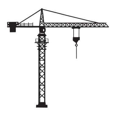 Bir vinç siluetinin ayrıntılı vektör çizimi. İnşaat, mühendislik ve kentsel gelişim temalı projeler için mükemmel. Kullanıma hazır.