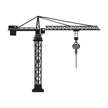 Silüet bir inşaat vincinin detaylı vektör çizimi. Kuleyi göstermek ya da inşaat projelerinde ekipman kaldırmak için mükemmel. Kule ve kanca ağır malzemeler için.