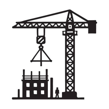 Vektör illüstrasyonunda siluet inşaat vinci bir yapı elemanını kaldırıyor. İnşaat süreci ya da proje geliştirme için mükemmel. İnsan yeni bir yapıda duruyor.