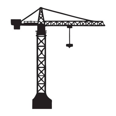 Bir vinç siluetinin vektör çizimi. Ağır kaldırma, endüstriyel veya inşaatla ilgili projeleri tasvir etmek için mükemmel. Kancalı bir vinç kulesi..