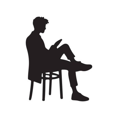 Sandalyede otururken kitap okuyan bir adamın silüet vektör sanatı. Rahatlama, rahatlama ya da bilgi arayışı için ideal bir tasvir. Çeşitli tasarım ihtiyaçları için özelleştirilebilir ve çok yönlü.