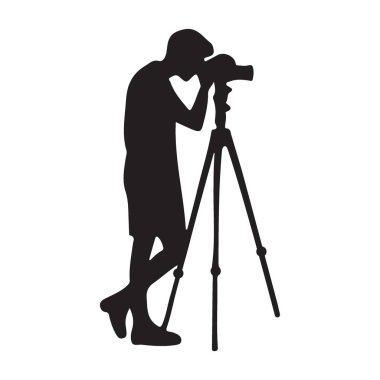 Üçayak kullanan bir fotoğrafçının siluet vektör çizimi. Profesyonel fotoğrafçılık, açık hava çekimi veya teknik ekipman kullanımı hakkında görsel içerik için ideal.