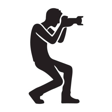 Profesyonel ekipmanlarla fotoğraf çekilirken diz çöken bir fotoğrafçının silüeti. Görsel sanat için vektör biçimi.