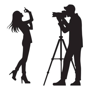 Siluet sanat, bir stüdyo oturumu sırasında şık bir kadını yakalamak için tripodlu bir fotoğrafçıyı tasvir ediyor. Bu vektör profesyonel moda çekiminin sahnesini betimliyor.