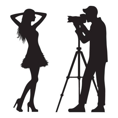 Moda modelini fotoğraflamak için tripodu kullanan bir fotoğrafçıyı yakalayan silüet bir resim. Görüntü, fotoğraf sanatının ve modelin güzelliğinin altını çiziyor..