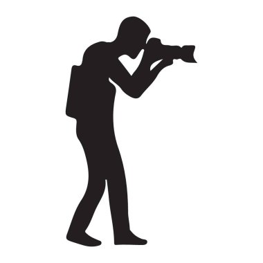 Kamerayı tutan ve ayakta duran bir erkek fotoğrafçının silüeti. Bu vektör resmi yaratıcı projeler için mükemmel bir tasarım..