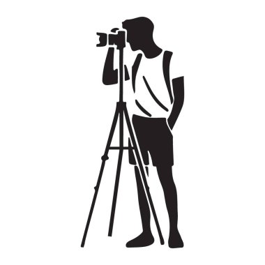 Fotoğraf çekmek için tripodu kullanan profesyonel bir fotoğrafçının silüet vektörü. Fotoğraf projeleri, stüdyo temaları ve yaratıcı görseller için mükemmel..