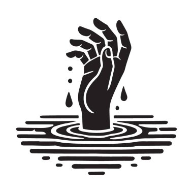 Suda boğulan bir elin silüeti, kriz umutsuzluğunu ve zor zamanlarda hayatta kalma mücadelesini simgeliyor. Gerekli yardımı temsil eder.