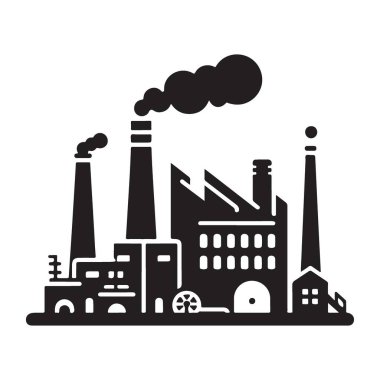 Üretimi, üretimi ve endüstriyel faaliyetleri temsil eden bir fabrikanın silueti. İş, ekonomi veya çevreyle ilgili kavramları resmetmek için mükemmel. Vektör grafiği.