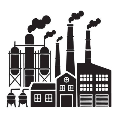 Bacalarından duman çıkaran bir fabrikanın siluet çizimi. Bu bir endüstri, üretim ve işleme hissini iletiyor. Çevre veya ekonomik amaçlar için ideal.