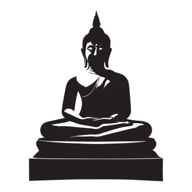 Oturan Buda heykelinin meditasyondaki bir silüeti. Farkındalığı, maneviyatı, zen 'i ya da huzuru temsil etmek için mükemmel. Çeşitli uygulamalar için vektör grafiği.