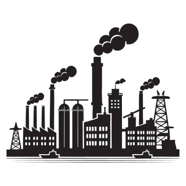 Çevresel farkındalığı ve sürdürülebilir uygulamaları desteklemek için ideal bir duman yayan endüstriyel fabrika siluetinin vektör çizimi. Eğitim materyalleri ve savunuculuk için mükemmel..