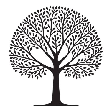 Karmaşık dalları ve yaprakları olan gür yuvarlak bir ağacın ayrıntılı siluet vektör çizimi. Peyzaj projelerinde, sanatta veya doğa temalı tasarımlarda kullan.