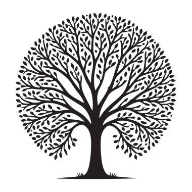 Karmaşık dalları ve yaprakları olan yuvarlak, gür bir ağacın ayrıntılı siluet vektör görüntüsü. Ekolojik ve doğa temalı tasarımlar, logolar ve yaratıcı projeler için mükemmel..