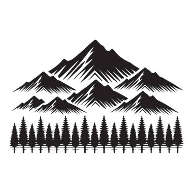 Uzun çam ağaçlarıyla çevrili çarpıcı bir dağ siluetinin çizimi. Seyahat blogları için harika, vahşi doğayı temsil etmek, ya da açık hava maceralarını teşvik etmek için..