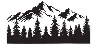 Bu manzaralı sanat dağlarını ve orman illüstrasyonunu keşfedin. Bu siluet stili tasarım doğa ve doğa ile ilgili projeler, logolar, afişler ve arka planlar için mükemmeldir..