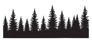 Bitmeyen yeşil bir ormanın ayrıntılı siluet çizimi. Doğa temalı tasarımlar için mükemmel, vahşi yaşam ve sükunet hissi yaratıyor. Arkaplan, logo ve sanatsal projeler için ideal.