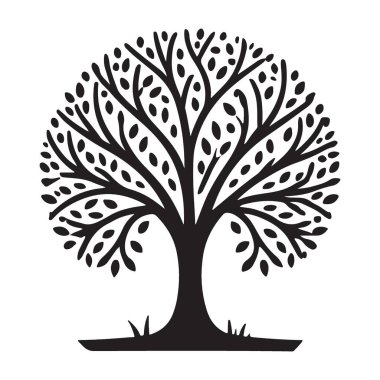Bu çarpıcı siyah ağaç silueti çizimi dolu, yapraklı bir ağaç sunar. Detaylı bir vektör varlığı sunan doğa temalı tasarımlar, logolar veya eğitim materyali için ideal.