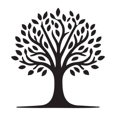 Ayrıntılı siyah ağaç silueti çizimi ve yapraklar. Çevre projeleri, doğayla ilgili tasarım veya eğitim materyalleri için ideal bir vektör.