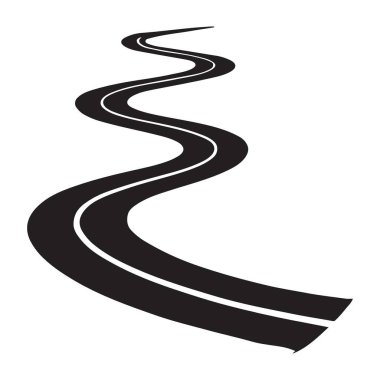 Asfaltlı dolambaçlı bir yol tasviri. Yolculuk, seyahat, siluet tasarımı için vektör illüstrasyonu.