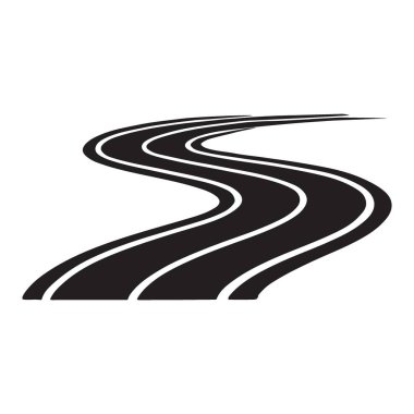 Yol çizgileri olan kavisli bir yolun siyah vektör görüntüsü. Ulaşım, seyahat, yolculuk ya da seyahatle ilgili internet sitesi, yazdırma materyali ya da grafik tasarım projesi için mükemmel.