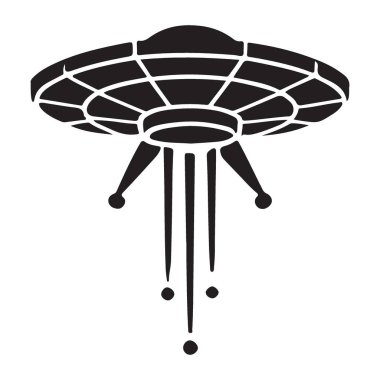 Uçan daire tasarımlı bir UFO 'nun ayrıntılı bir siluet çizimi. Uzay, bilim kurgu veya tasarım projeleri için mükemmel.
