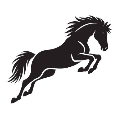 Siyah bir atın silueti atlıyor. Logo tasarımı, binicilik teması veya hayvanlarla ilgili projeler için vektör illüstrasyonu. Bu görüntü atın gücünü ve zarafetini yakalar..