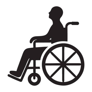 Tekerlekli sandalyedeki bir kişinin silüeti. Erişilebilirliği, engelli desteğini ve dahil edilmeyi temsil eden bir vektör çizimi. Sağlık hizmetleri, sosyal hizmetler ve bilinçlendirme kampanyaları için mükemmel.