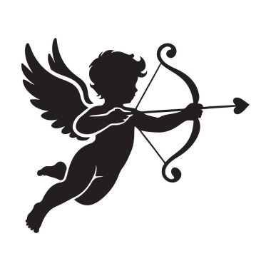 Aşk tanrısının uçan, yayını ve okunu nişan alan, sevgiyi ve sevgiyi simgeleyen klasik bir siluet çizimi. Sevgililer Günü için vektör sanatı.
