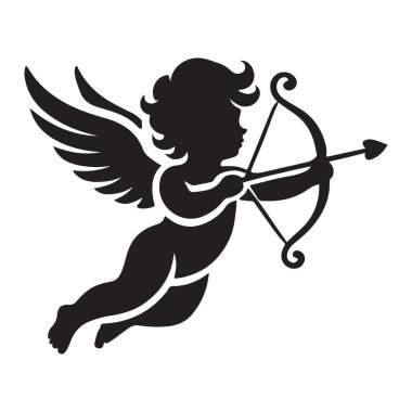 Aşk tanrısının romantik silueti, okuyla ve yayıyla uçuyor, aşkın ve romantizmin ebedi sembolü. Sevgililer Günü için mükemmel ve sevgi dolu..