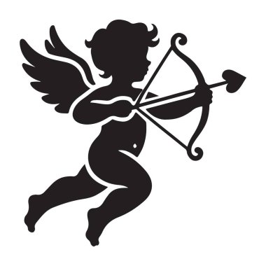 Eros 'un havada süzüldüğünü ve ucunda kalp şekli olan bir oku fırlattığını gösteren bir siluet vektör çizimi. Bu aşk tanrısı silueti aşkı ve romantizmi temsil ediyor. Sevgililer günü kartları ve dekorasyonları için ideal..