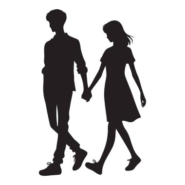 Yürüyen, el ele tutuşan, birliktelik ve sevgi hissini yakalayan bir çiftin vektör silüeti. Romantik projeler ve tasarımlar için mükemmel..