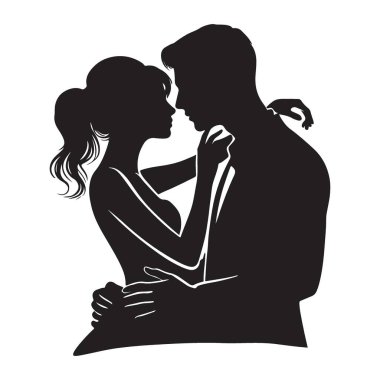 Tutkulu bir şekilde kucaklaşan bir çiftin silüet vektör çizimi. Romantik tasarımlar, düğün davetiyeleri ya da sevgi ve sevgiyi ifade etmek için ideal. Vektör biçimi.