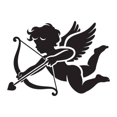 Eros 'un silueti, havada yay ve okla. Sevgililer Günü kartları, aşk temalı tasarımlar ve romantik duygular için harika. Şeffaf arkaplan.