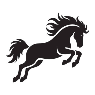 Heybetli bir atın silüeti, hoplayıp zıplayarak gösterilmiş. Vektör illüstrasyonu logo tasarımı, amblemler veya sanat eserleri için harikadır..