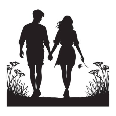 Tarlada el ele yürüyen bir çiftin silüeti. Düğün davetiyeleri, aşk romanları ya da Sevgililer Günü tebrikleri için ideal..
