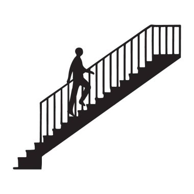 Ayrıntılı bir tırabzan, taşıma çabası ve yukarı doğru hareketle merdivenleri tırmanan bir kişinin silüet çizimi. İlerlemeyi, zorlukları ve seyahatleri tasvir etmek için ideal.