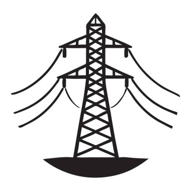 Siluet vektör grafiği, elektrik enerjisi ileten bir güç hattı kulesi içeriyor. Enerji, altyapı ve elektrik şebekelerini sembolize eder.